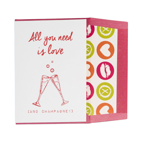 ‘All you need is LOVE... and champagne!’ Letterpress greeting card